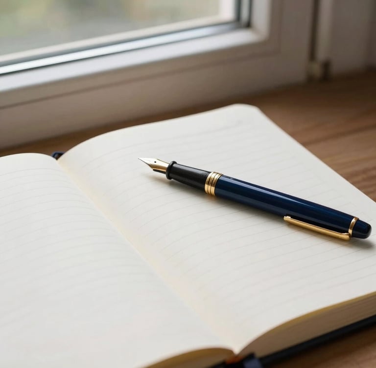 A flat-lay of an open academic notebook with structured margin notes, a classic fountain pen resting on the page, soft natural library window light, shallow depth of field