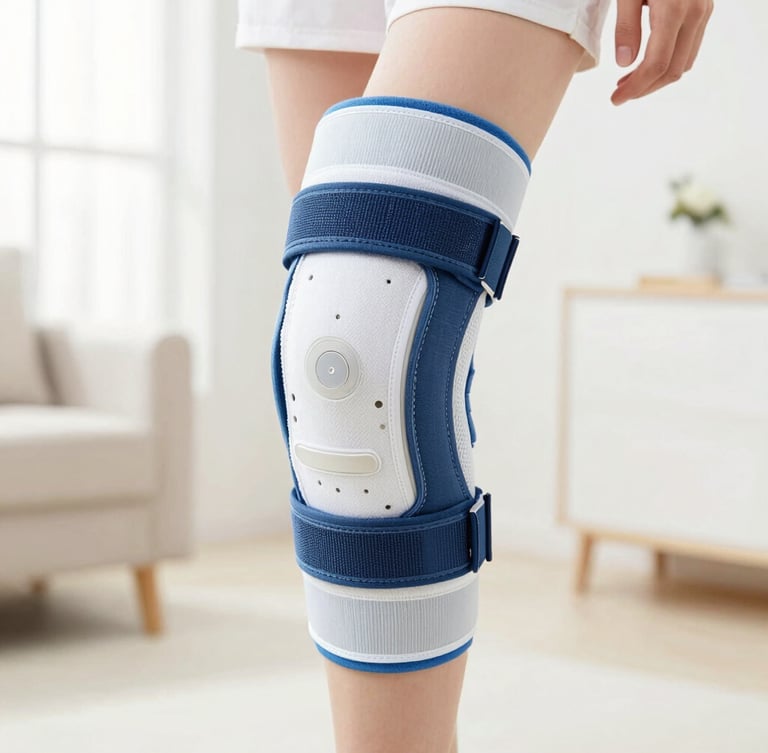 Close-up of a high-quality orthopedic knee support being worn naturally, bright clean home environment, soft daylight, warm clinical feel