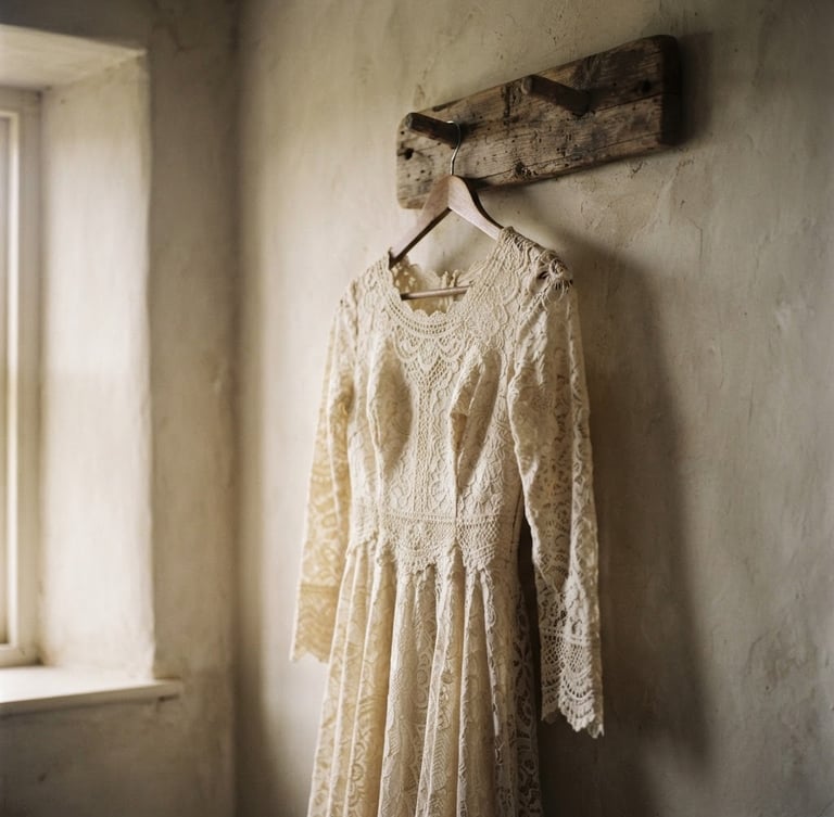 Soft-focus portrait of a 1960s dress with heavy lace details hanging on a weathered wooden peg, diffused golden hour overcast window light, warm muted tones, 35mm film photography