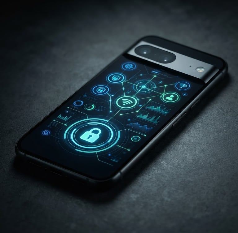 Angled perspective of a sleek, modern Android smartphone displaying a crisp, dark-themed UI with electric blue and mint green accents, low-key studio lighting, macro lens, sharp focus.
