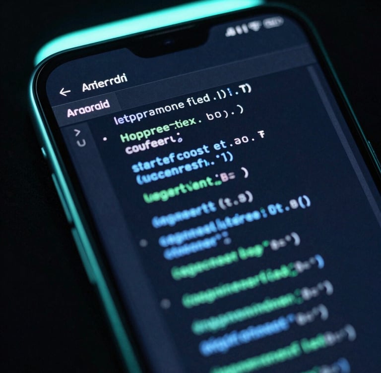 Macro shot of a high-end Android device displaying crisp UI code blocks in a dark-themed IDE, moody studio lighting with electric blue and mint green neon glows, angled perspective, sharp focus.