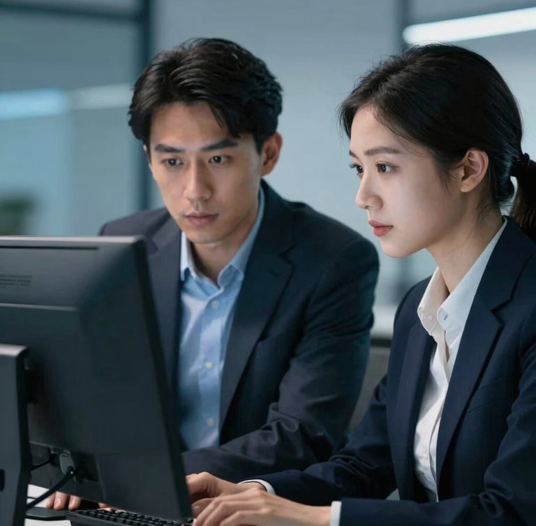 Medium close-up of two professionals collaborating in front of a clean computer monitor, focused expressions, cool-toned studio lighting with blue accents, 35mm lens