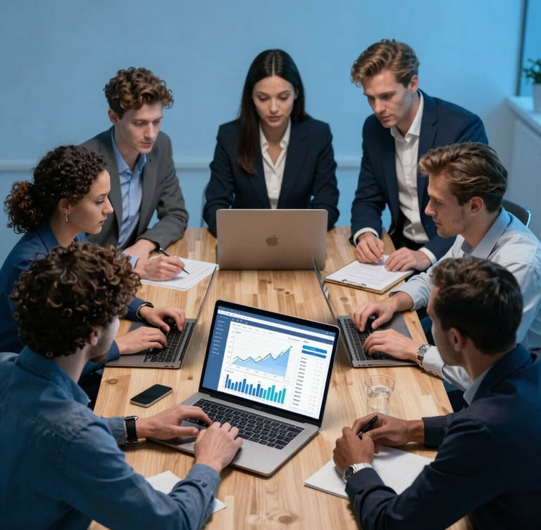 A high-angle shot of diverse European professionals collaborating at a modern wooden desk, viewing a clean UI dashboard on a laptop with positive growth charts, cool blue studio lighting, 35mm lens