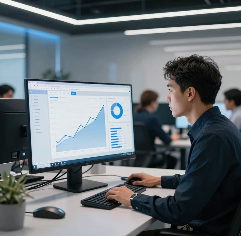 A professional in a modern office looking at a screen showing positive financial growth charts, clean-lined UI mockup, cool-toned studio light with subtle blue accents.
