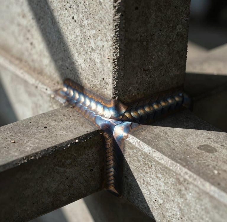 Extreme close-up of custom metal welds meeting raw concrete texture, high-contrast directional sunlight, chiaroscuro lighting, architectural detail