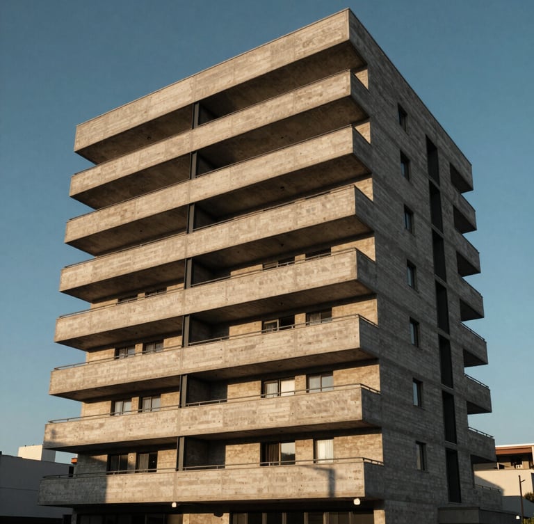 Vista de ángulo contrapicado de una residencia contemporánea de doble altura con muros de hormigón visto y vigas de acero negro, luz solar dramática de la tarde creando sombras geométricas marcadas.