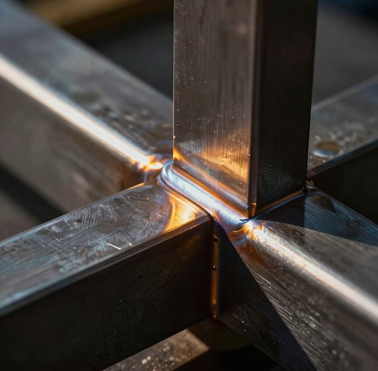 Extreme close-up of a flawless custom TIG weld on dark brushed steel, dramatic golden hour light reflecting off the metallic joint, architectural precision framing.