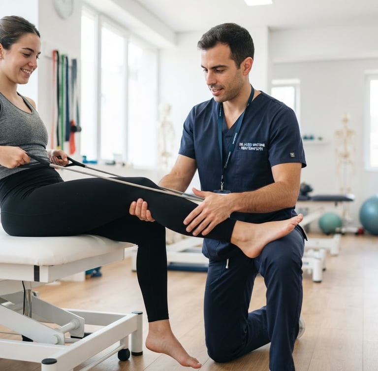 Fisioterapeuta Dr. Hugo Martins auxiliando paciente na reabilitação de joelho, com foco em movimento e força, em ambiente clínico claro e moderno, luz natural.