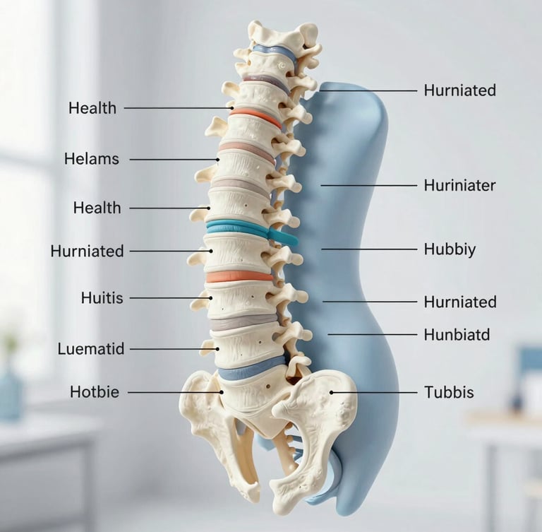 Detailed anatomical diagram of the human lumbar spine, showing a healthy disc and a herniated disc side-by-side, rendered in a clean clinical style with soft, professional lighting against a light gray background, clear and legible labels (implied for clarity), focus on the contrast between healthy and affected areas.