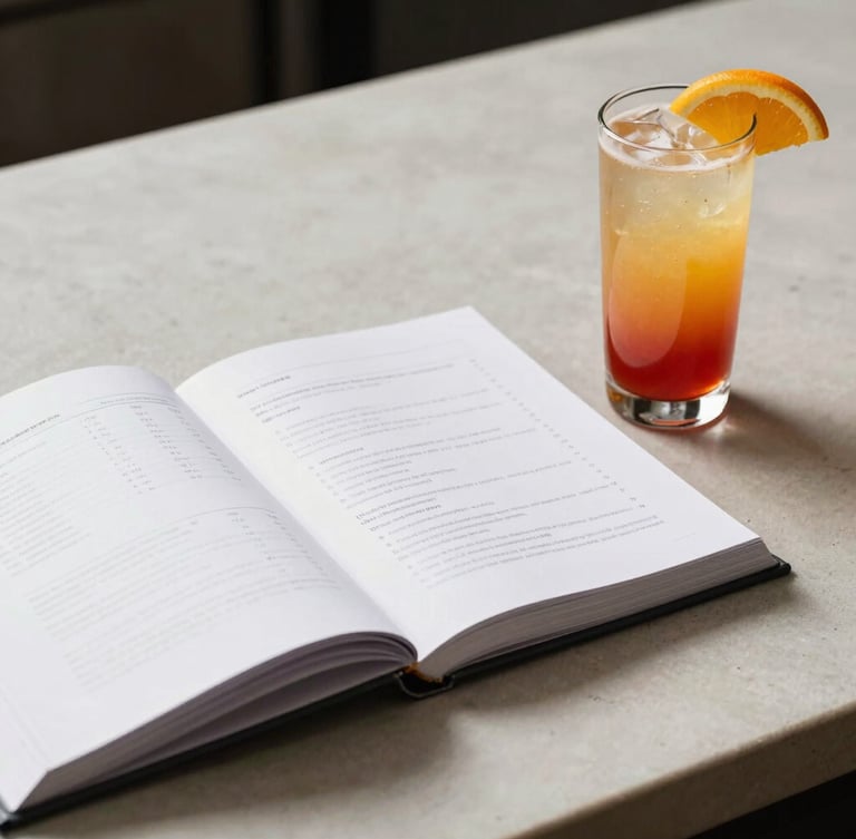 A beautifully styled recipe book lying open next to a vibrant layered mocktail with citrus garnish on a clean counter