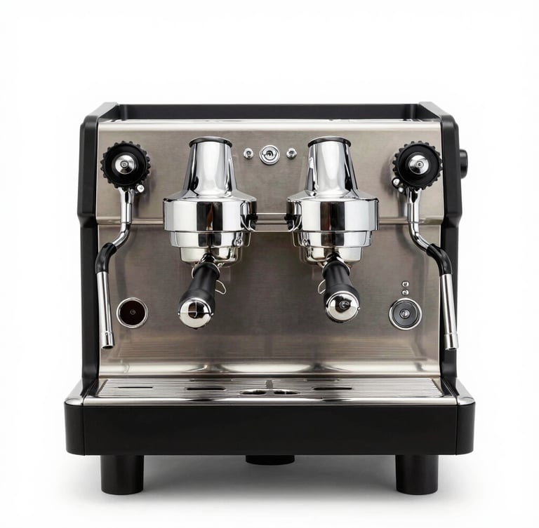 A crisp, front-facing product shot of a professional dual-group espresso machine gleaming under bright high-key white studio lighting, clean white background, soft shadows.