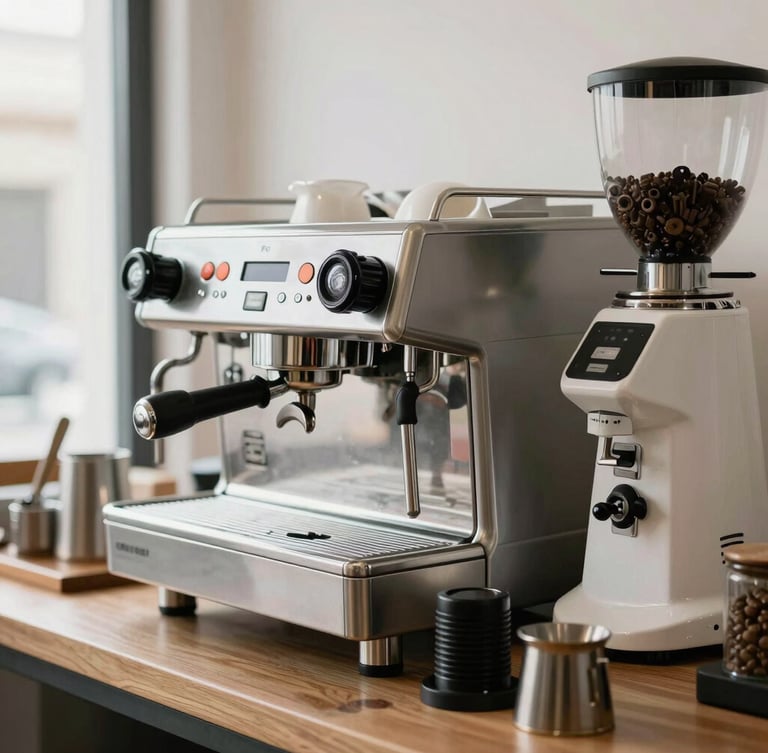 A professional-grade coffee bar setup with espresso machine, grinder, and neat accessories under bright high-key lighting