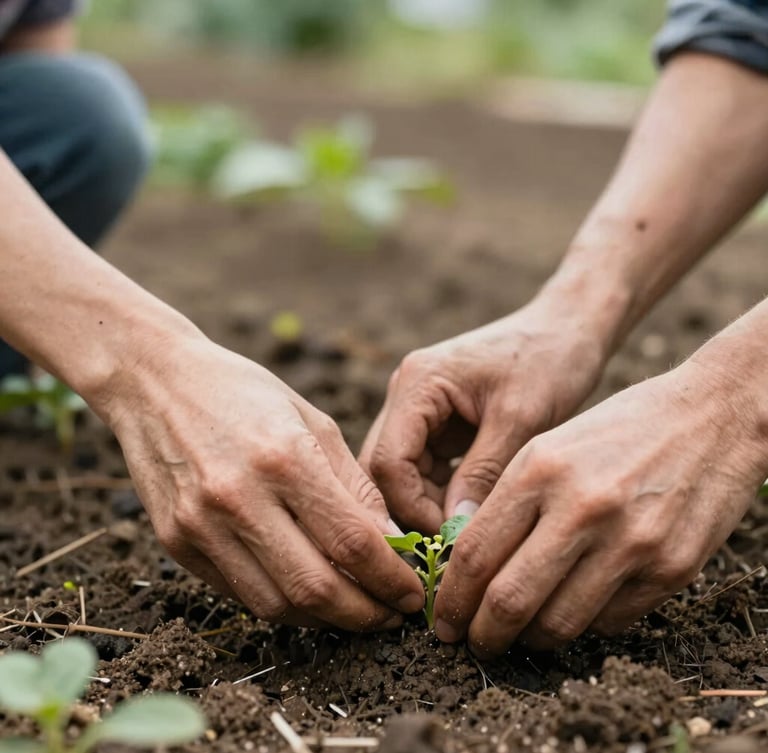 Close-up of hands working together in a community garden, soft natural daylight, warm earthy tones, honest documentary style.