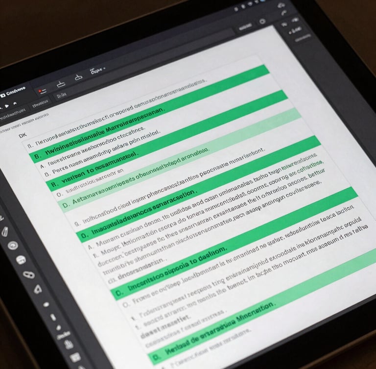 Close-up of a high-fidelity digital document editor on a dark screen, displaying structured legal paragraphs with clean emerald green highlights, modern typography, dark mode interface, crisp studio lighting.