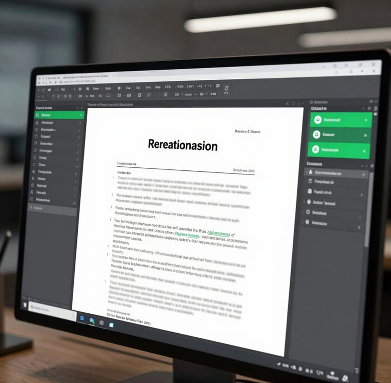 Tight close-up of a high-fidelity digital legal document editor on a sleek monitor, clean typography, emerald green accent highlights on the interface, cool studio lighting, dark modern workspace background.