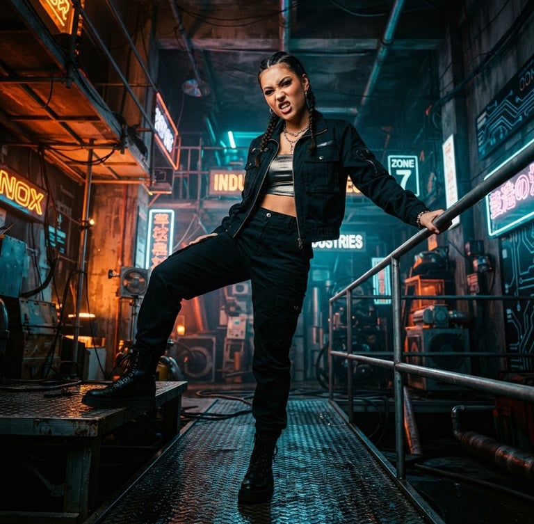 Low-angle dynamic shot of a model posing against a neon-lit industrial set, dramatic high-contrast studio lighting, rich saturated orange and cyan tones, vibrant editorial photography, 35mm