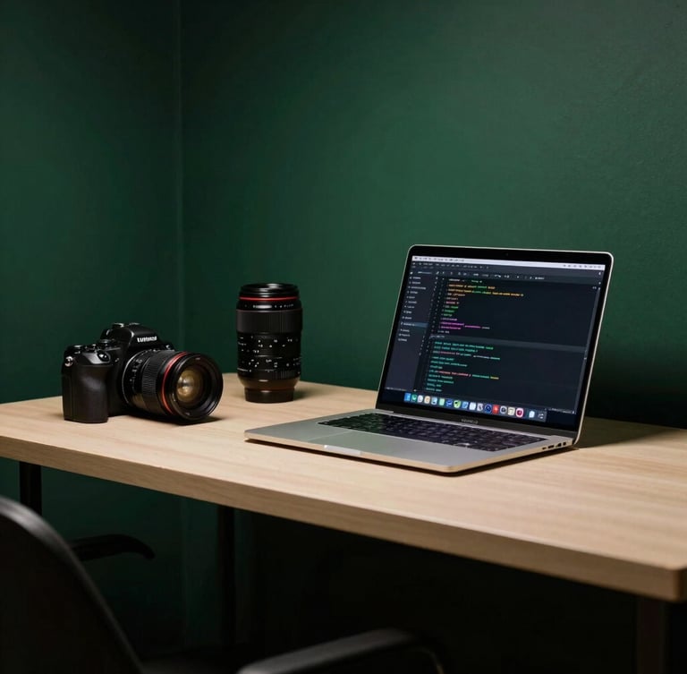 A clean, organized desk with a modern camera setup and a laptop showing code, moody high-contrast studio lighting, deep forest green shadows, soft gold accents