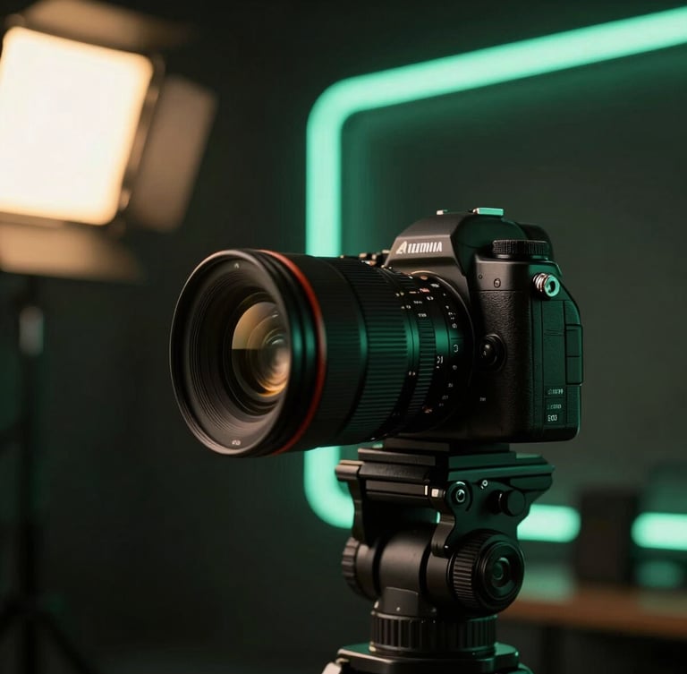 Close-up of a modern camera setup in a dark studio, capturing content with warm gold ambient light and sharp mint neon reflections, professional creative workspace