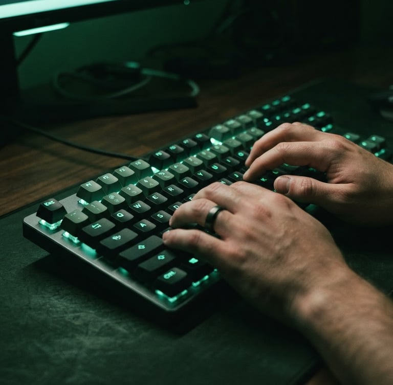 Close-up of hands typing on a modern mechanical keyboard, illuminated by a sharp mint-green neon glow, deep forest green shadows.
