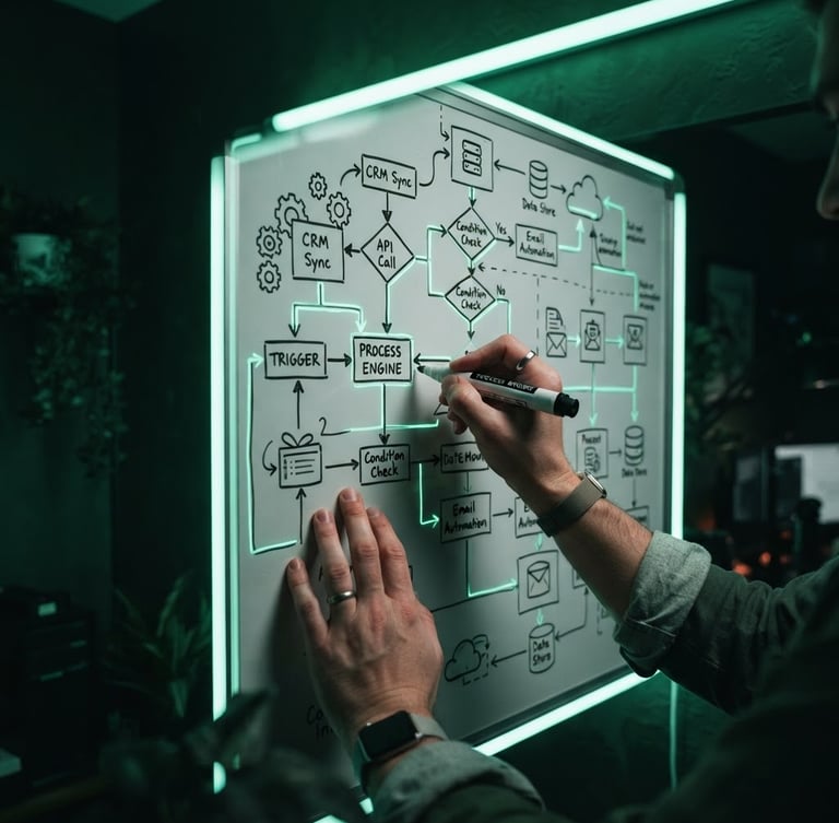 Moody close-up of hands sketching an automation workflow on a physical whiteboard, soft neon mint highlights, sharp focus, 35mm lens