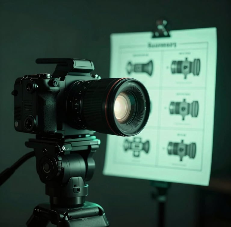 Moody close-up of a professional camera setup on a tripod in a dark studio, soft mint neon light illuminating the lens and a physical storyboard in the background.