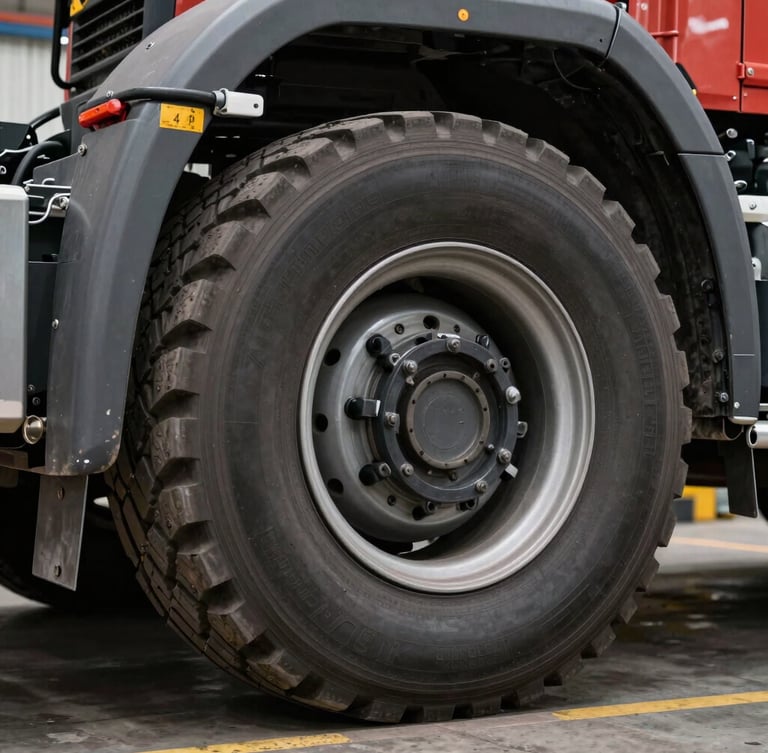Close-up of a heavy-duty truck tire and multi-axle suspension system undergoing safety inspection in a professional transport workshop.