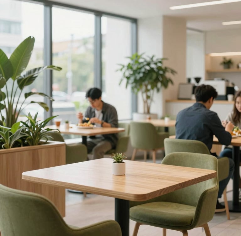 Bright modern corporate cafeteria interior filled with natural light, minimalist wooden tables, lush indoor plants, employees enjoying meals in a clean airy space, editorial style