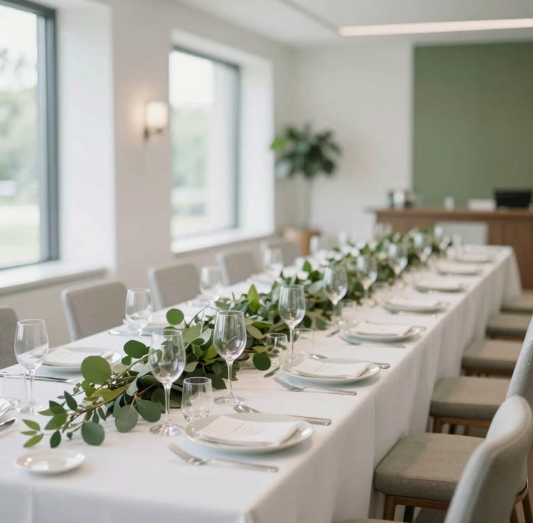 Bright modern corporate banquet hall, beautifully decorated long dining table with white linens and green foliage, soft natural light