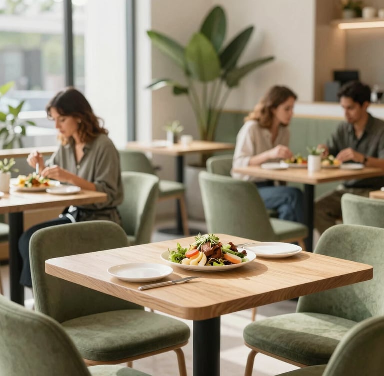 Bright modern cafeteria interior filled with natural light, minimalist wooden tables, olive green plants, employees enjoying fresh meals, elegant editorial photography