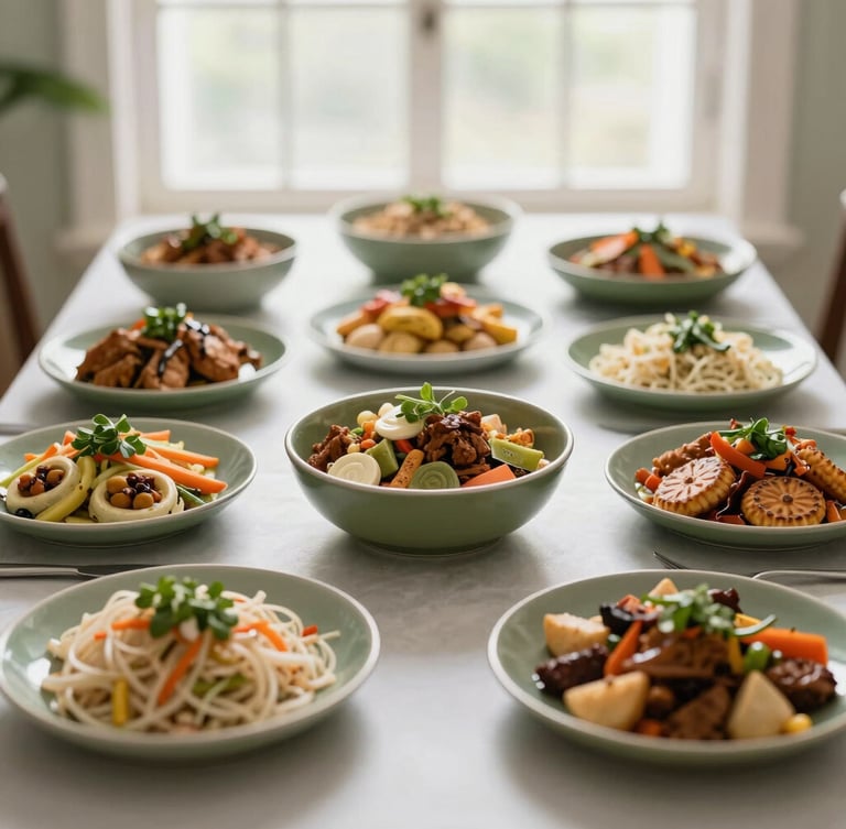 Overhead flat-lay of beautifully arranged Indian corporate buffet dishes, soft natural window light, olive green accents, bright airy mood, shallow depth of field
