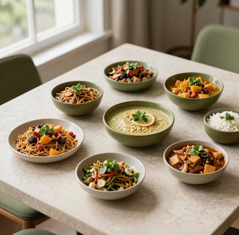 Overhead flat-lay of beautifully arranged artisanal Indian dishes on a light stone table, soft natural window light, subtle olive green accents, elegant editorial food photography