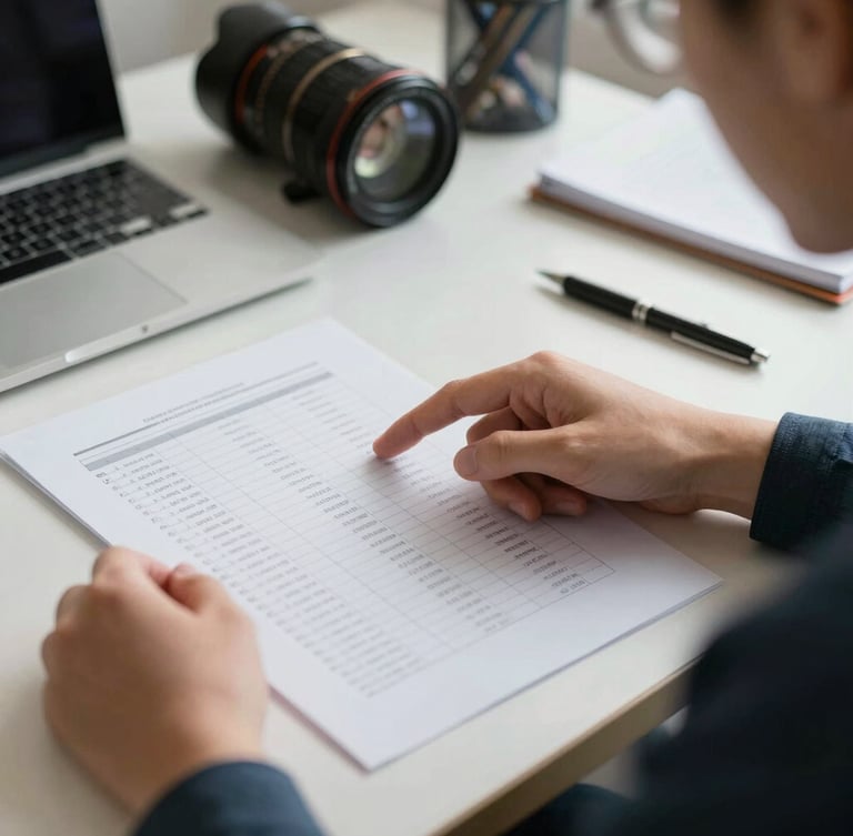 A close-up of a student in a professional office pointing at a printed seat matrix document on a desk, soft daylight