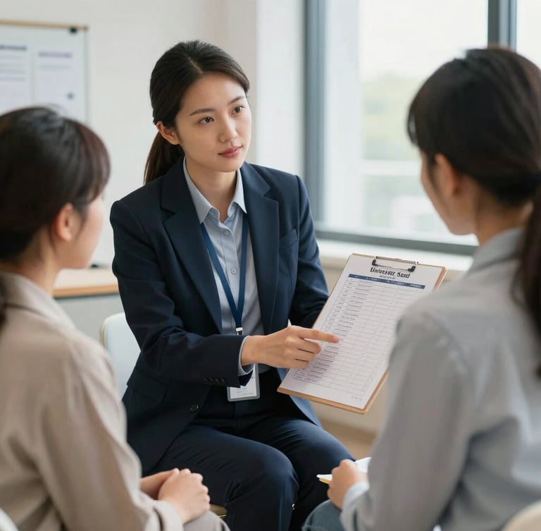 Medium shot of a professional academic counselor in a bright office explaining a university seat matrix chart to an attentive student and parent, natural daylight, professional atmosphere