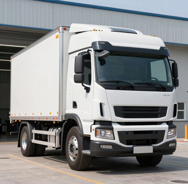 Crisp commercial photography of a modern heavy-duty commercial truck parked outside a professional facility in clean daylight, sharp focus, 35mm