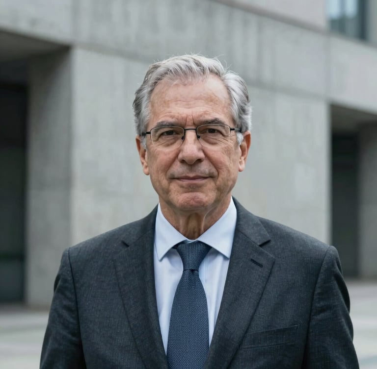 Candid portrait of a senior executive in deep focus, cool overcast daylight, architectural concrete background, professional and sober.