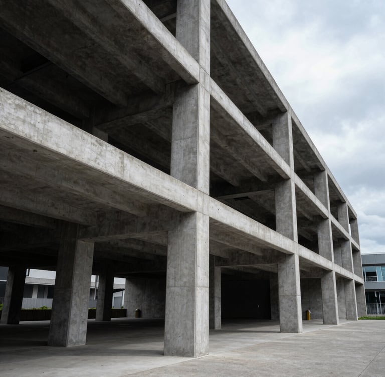 Extreme wide-angle architectural shot of modern industrial concrete and steel structure, overcast cool daylight, sharp perspective shadows