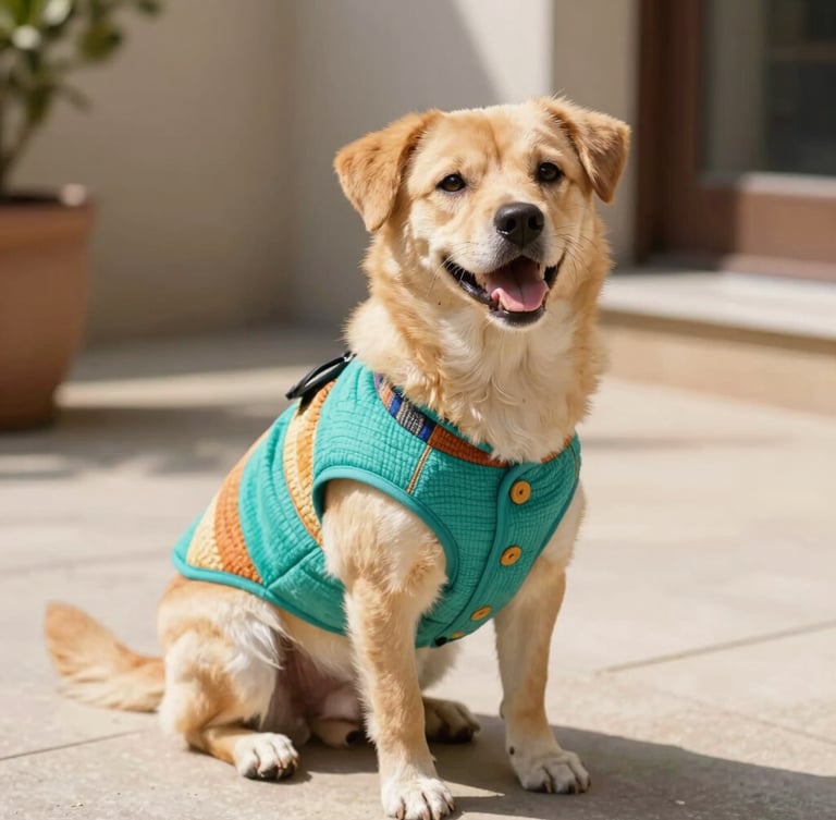 Warm editorial pet photography, natural bright daylight, a happy dog wearing a perfectly fitted colorful hand-woven vest, sitting comfortably on a sunny patio, shallow depth of field, 35mm