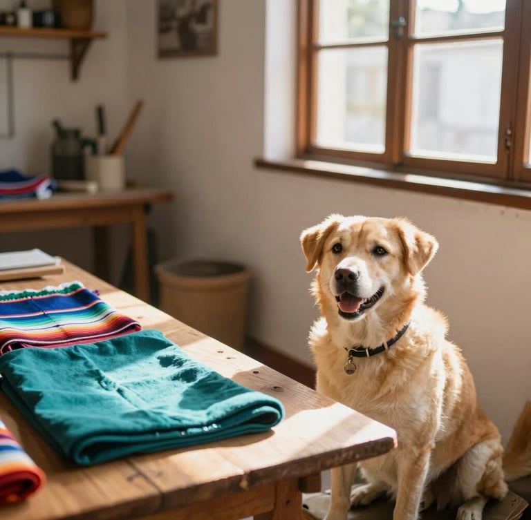 Candid photo of a family workshop in Celaya, warm sunlight streaming through a window, colorful Mexican fabrics on a wooden table, a happy dog sitting nearby, 35mm shallow depth of field