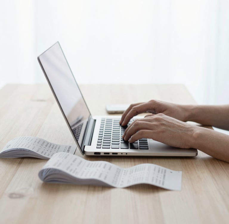 Hands typing on a laptop next to organized paper receipts on a light wooden table, bright overcast daylight, minimalist workspace