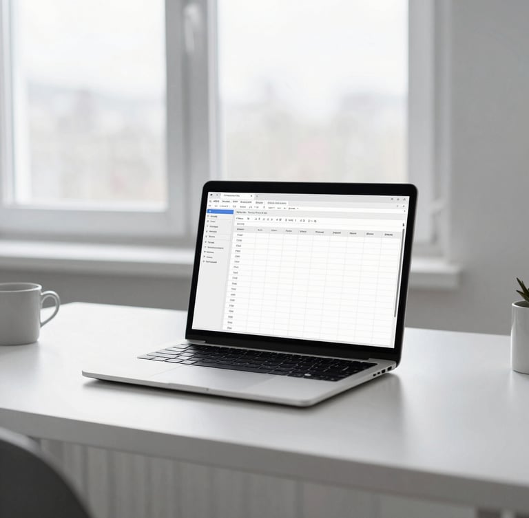 Clean editorial portrait of a minimalist home office desk in Joensuu, a laptop showing a clean spreadsheet, bright natural overcast daylight, cool Nordic tones, 35mm.