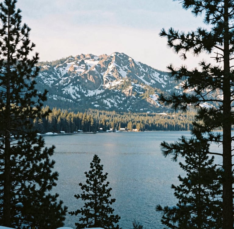 Crisp alpine photography, cold morning light, snow-dusted pine branches framing a quiet Lake Tahoe shoreline, wide-angle lens, 35mm film texture