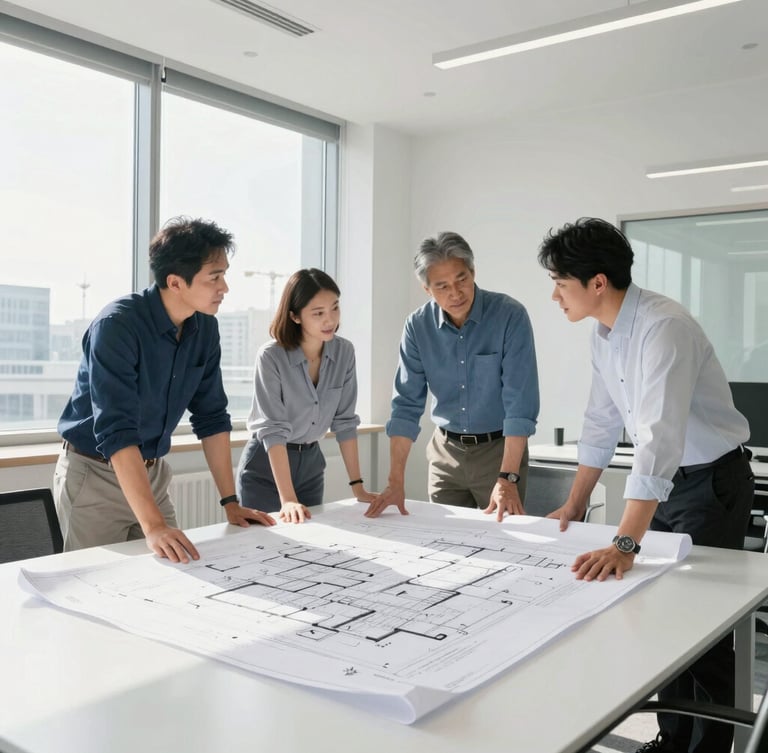 Bright modern office environment with project managers discussing architectural blueprints around a large white table, natural daylight pouring in through windows