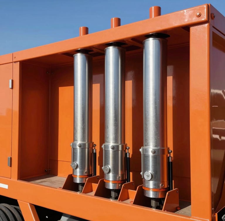 Close-up of a heavy-duty truck hydraulic lift mechanism gleaming in the intense desert sun, safety orange frame, high-contrast metallic textures