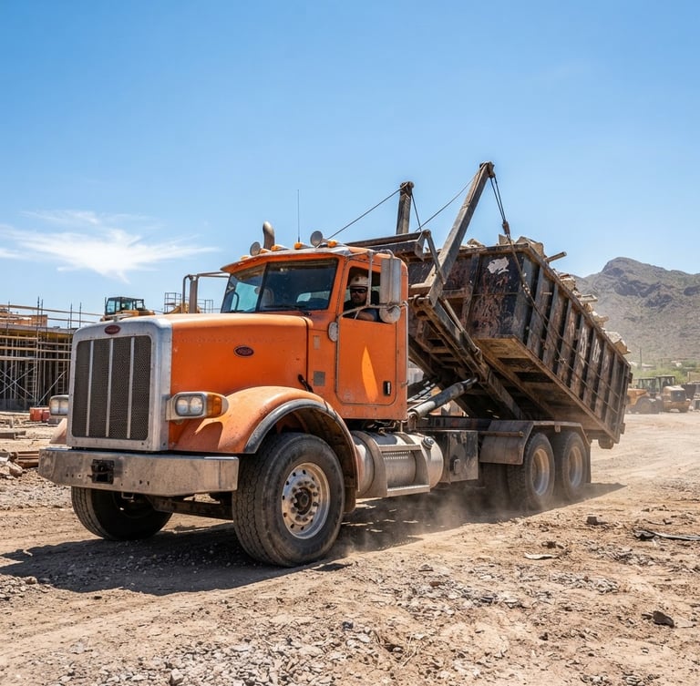 Low-angle heroic shot of a safety-orange roll-off dumpster truck operating under harsh midday Arizona sun, metallic textures, dust, industrial commercial photography