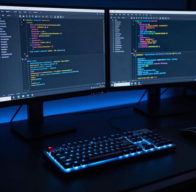 Sleek dark-mode technology photography of a high-end developer workspace, glowing mechanical keyboard, dual monitors displaying code in deep shadows with electric blue rim lighting, macro lens, 35mm