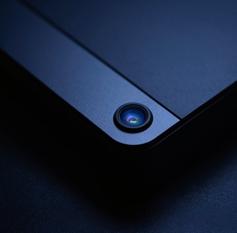 Macro shot of high-end consumer hardware, deep shadows, dramatic cool blue studio lighting, high contrast, 35mm