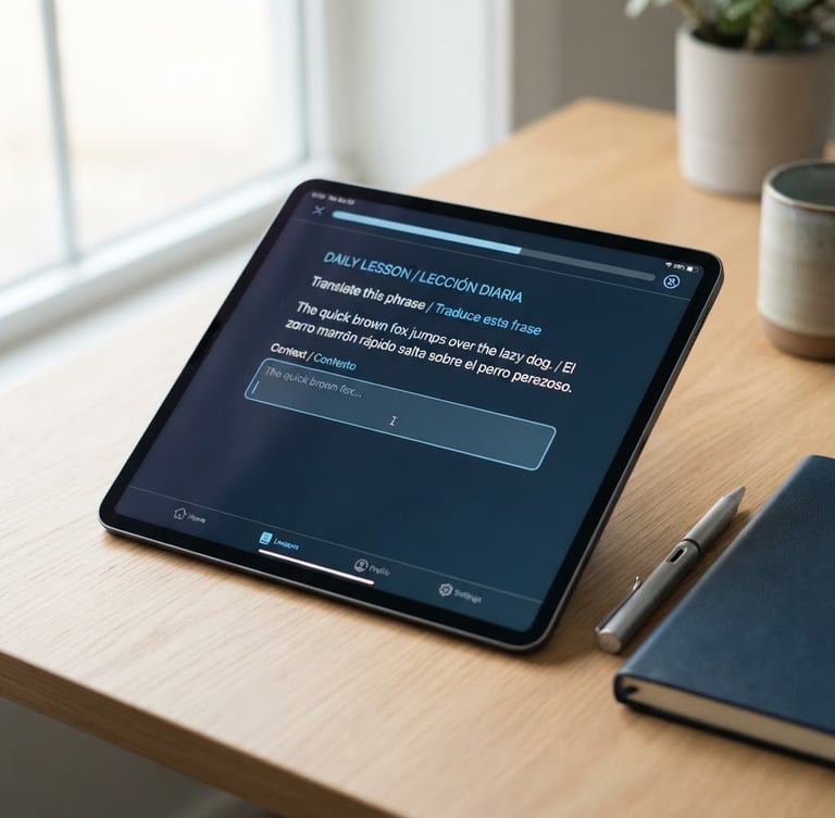 Bilingual text interface on a modern tablet screen, clean editorial photography, soft natural daylight, cool blue and neutral tones, minimalist composition