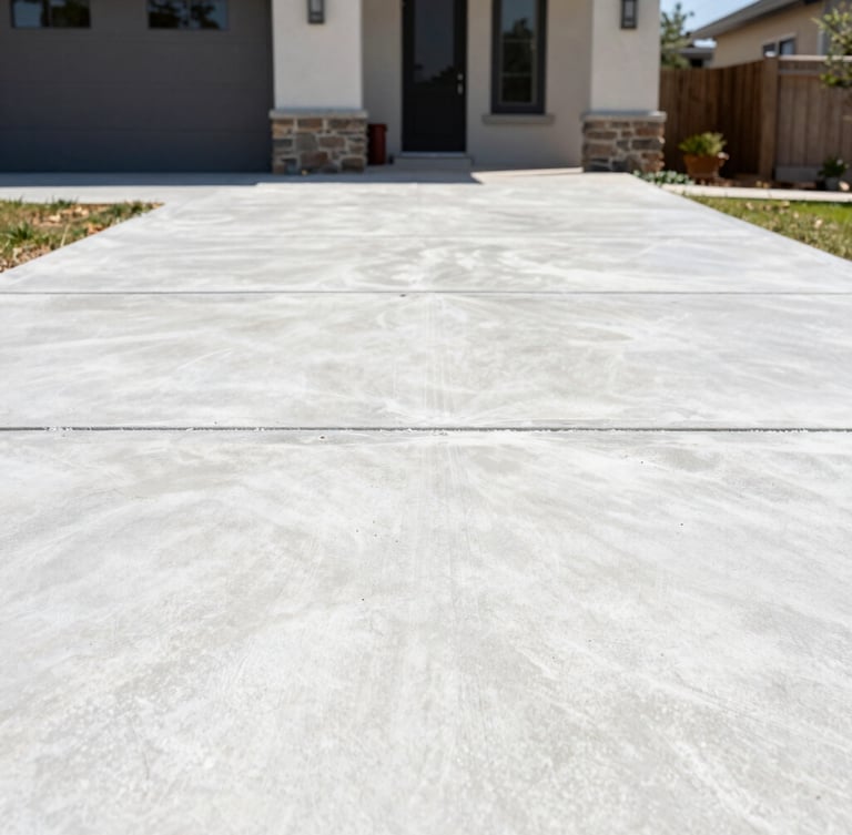 Low-angle architectural shot of a newly poured, bright white concrete driveway with a clean broom finish, stretching towards a modern Lebanon home under clear daylight.