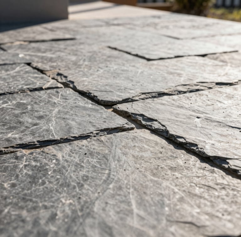 Low-angle architectural shot of a freshly poured stamped concrete patio with slate texture, warm sunlight casting sharp shadows, high contrast, crisp edges.