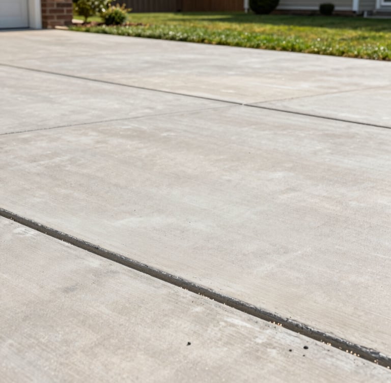 Low-angle architectural shot of a freshly poured brushed concrete driveway, crisp clean edges against a residential lawn in Lebanon, bright natural daylight